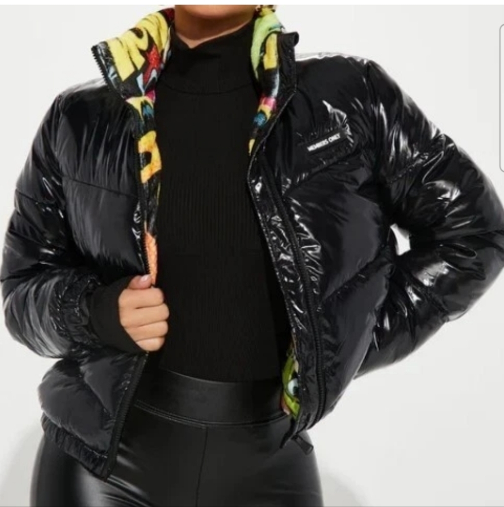 Members Only Black Glossy Puffer Jacket with Multicolor Lining